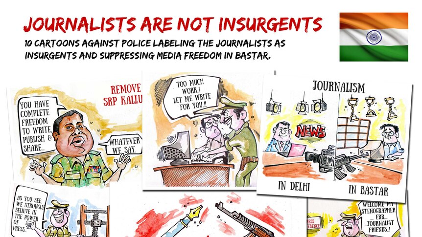 A series of cartoons with the heading 'Journalists are not insurgents' and a picture showing a pen's not the same as a gun.