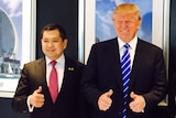 Donald Trump with Indonesian business partner Hary Tanoe and his wife Liliana Tanaja Taneo. Date unknown.