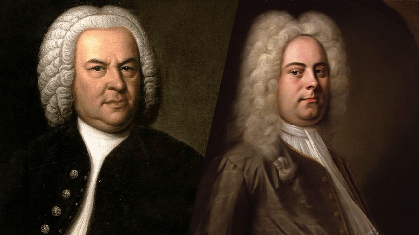 A composite of 2 composer's oil portraits, the first of Bach, the second of handel
