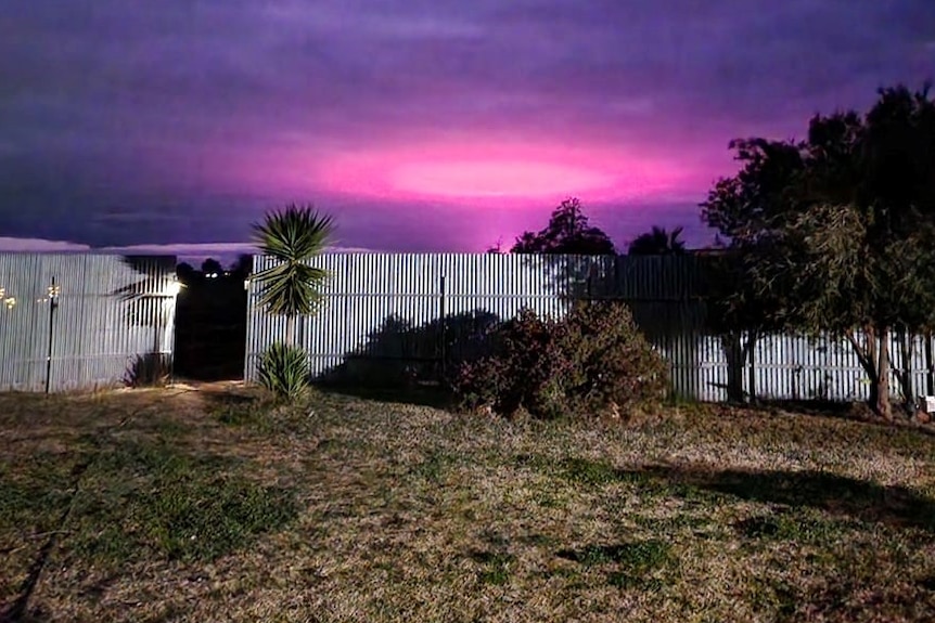 A regional backyard at midnight. The sky is purple, except for a mysterious oval of pink in the middle
