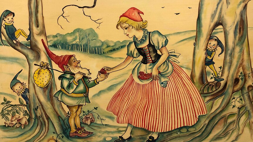 A painting depicting a fairytale scene with snow white and dwarves.