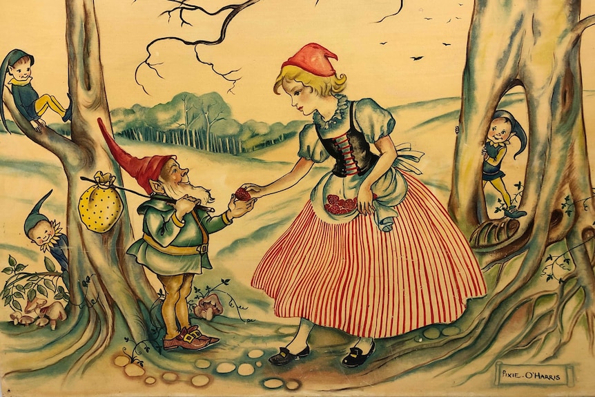 A painting depicting a fairytale scene with snow white and dwarves.