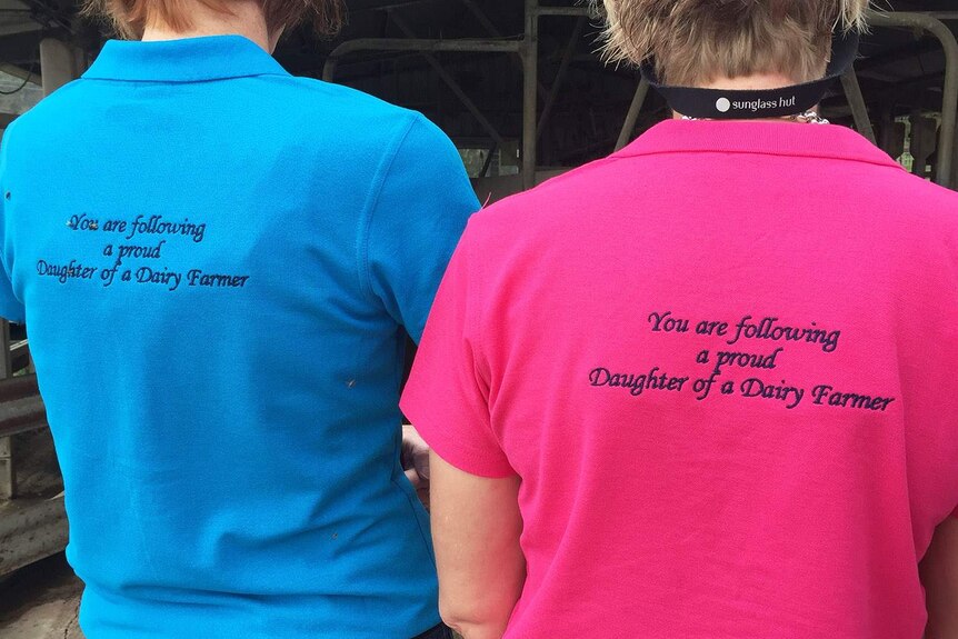 Two 'Daughters of Dairy Farmers' wearing their shirts at Beaudesert on Queensland's Scenic Rim in June 2017