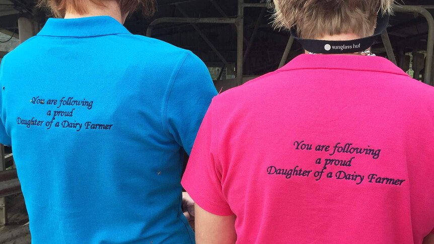 Two 'Daughters of Dairy Farmers' wearing their shirts at Beaudesert on Queensland's Scenic Rim in June 2017