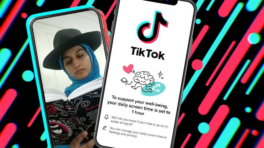 Two phones, one showing lyeba's TikTok video and another showing the TikTok screentime limit screen.