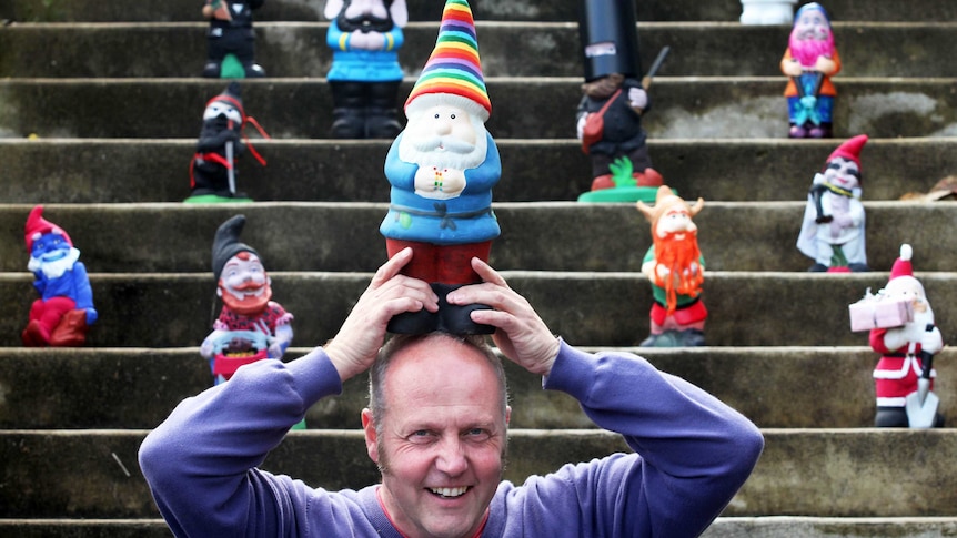 Mount Gambier Independent Learning Centre Manager David Burt and gnomes