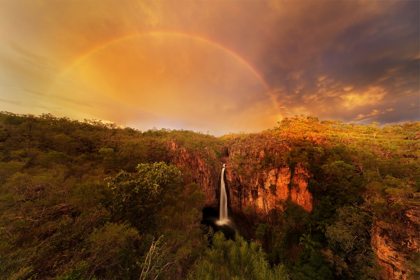 A picture of a waterfall over a rock cliff face, surrounded by trees with a rainbow stretching out across the skyline.