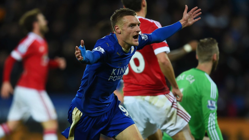 Leicester's Jamie Vardy celebrates a goal against Manchester United in November 2015.