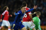 Jamie Vardy celebrates a goal for Leicester against Manchester United