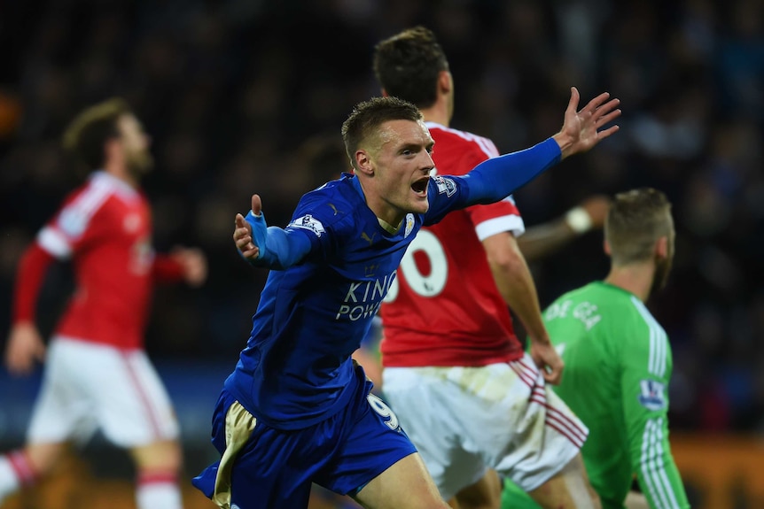 Jamie Vardy celebrates a goal for Leicester against Manchester United