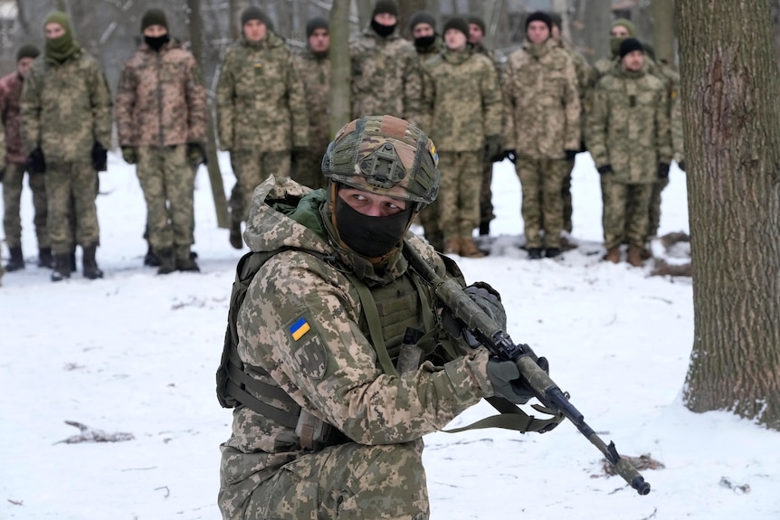 A uniformed soldier stands with an assault rifle in front of a dozen others