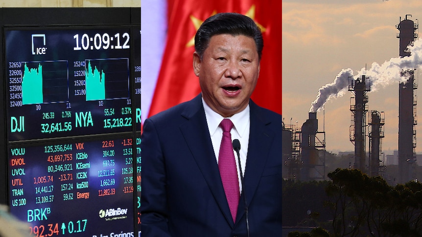 Three photos together: A screen showing the stock market, Xi Jinping speaks at a podium, and gas pours from industrial chimneys.