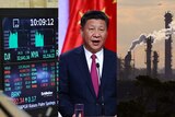 Three photos together: A screen showing the stock market, Xi Jinping speaks at a podium, and gas pours from industrial chimneys.