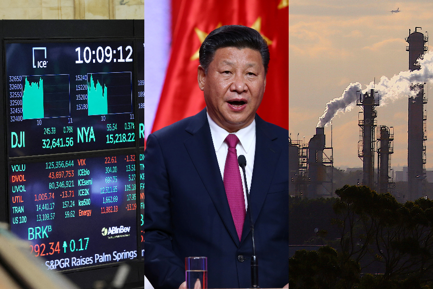 三张照片在一起：一个显示股市的屏幕，习近平在讲台上讲话，以及工业烟囱中喷出的气体。