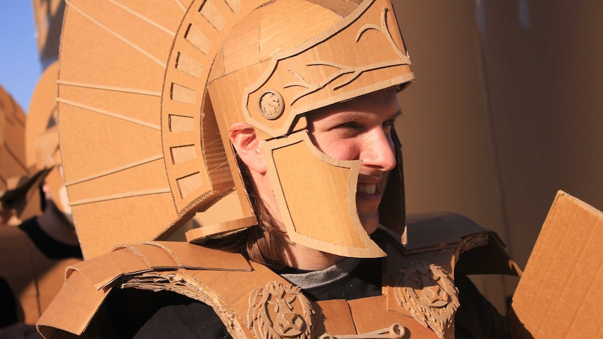 Hoss Siegel, dressed as a Roman centurion, prepares to do battle in Melbourne's Boxing Day Boxwars.