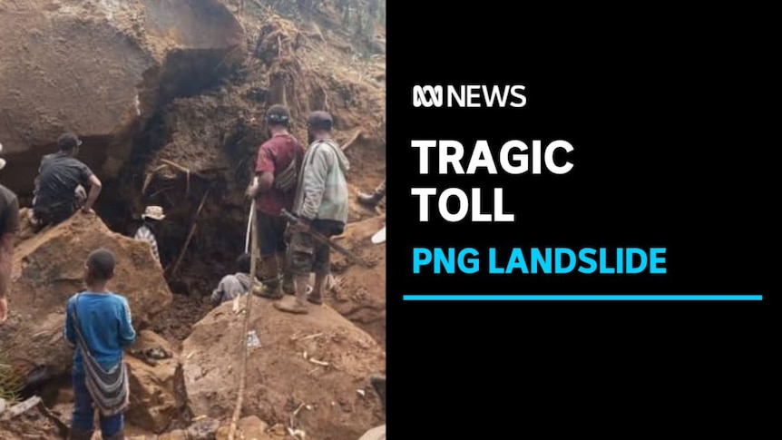 Tragic Toll, PNG Lanslide: A group of five people stand on large boulders with their backs to camera. 
