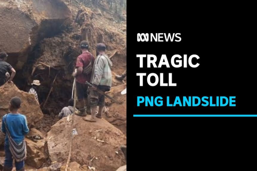 Tragic Toll, PNG Lanslide: A group of five people stand on large boulders with their backs to camera. 