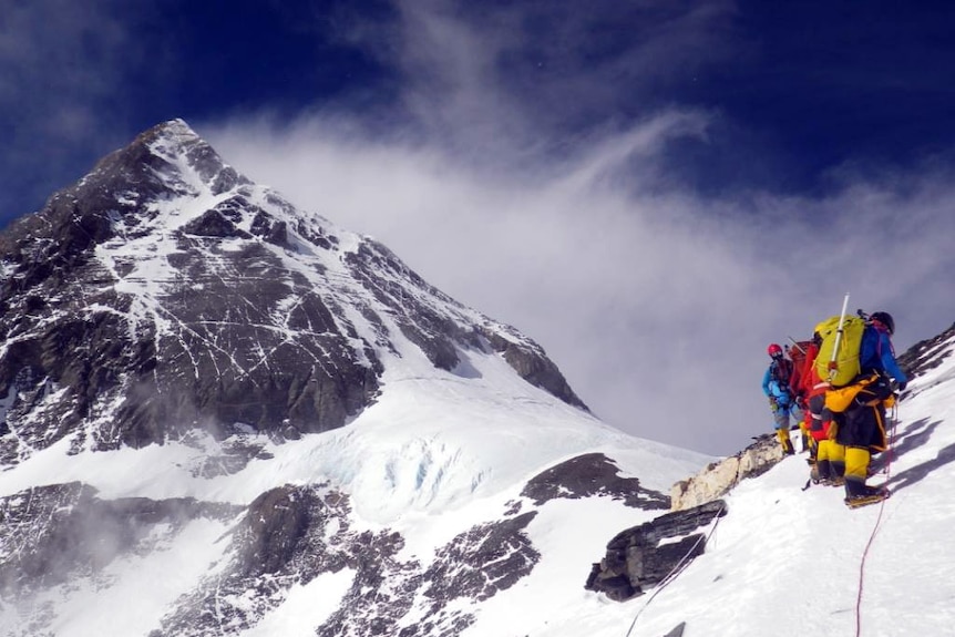 A group of climbers head towards Mount Everest.