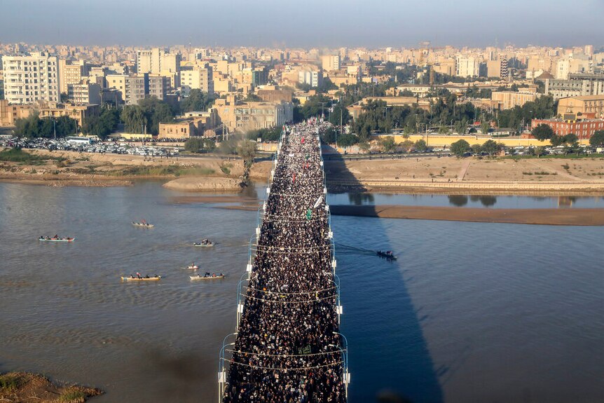 An aerial view shows the funeral procession for Qassem Soleimani in Ahvaz, Iran