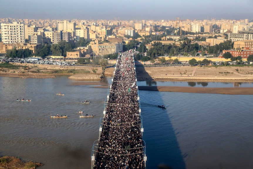 An aerial view shows the funeral procession for Qassem Soleimani in Ahvaz, Iran