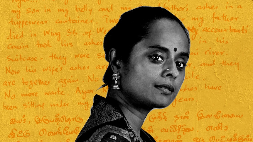 A black and white portrait of a woman in a traditional Sri Lankan outfit in front of a yellow backdrop of orange writing.