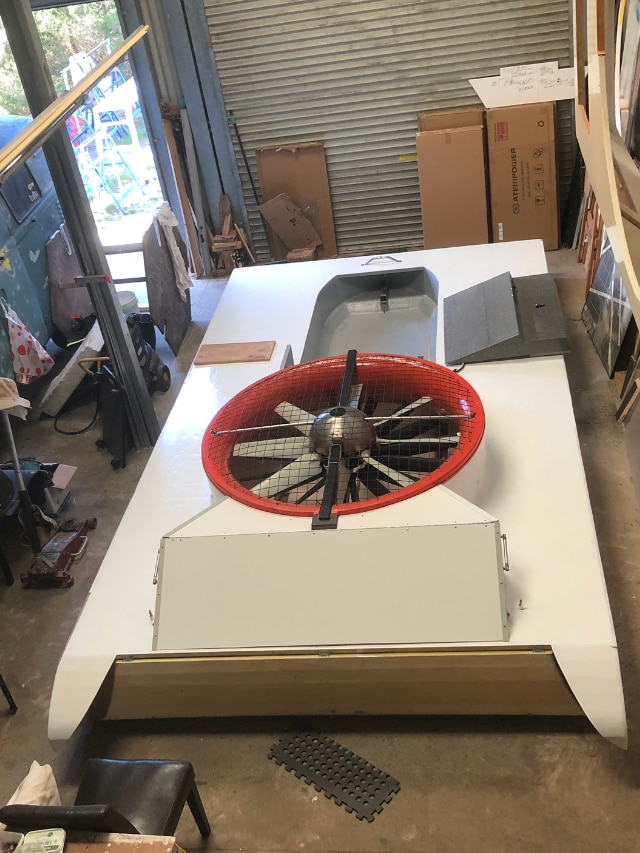 The skirtless hovercraft being built in Peter Keogh's shed