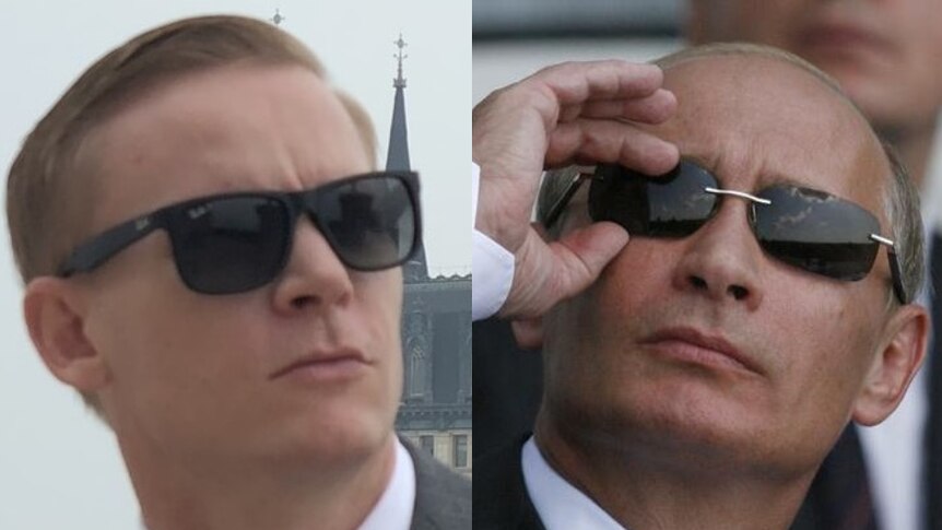 A composite of a blonde man in dark sunglasses and Vladimir Putin in sunglasses