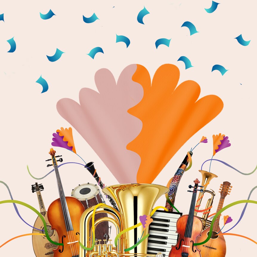 A tuba with bright colours emanating from its bell, surrounded by many instruments on a beige background. 