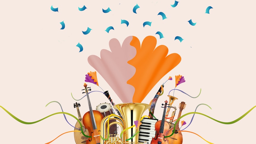 A tuba with bright colours emanating from its bell, surrounded by many instruments on a beige background. 