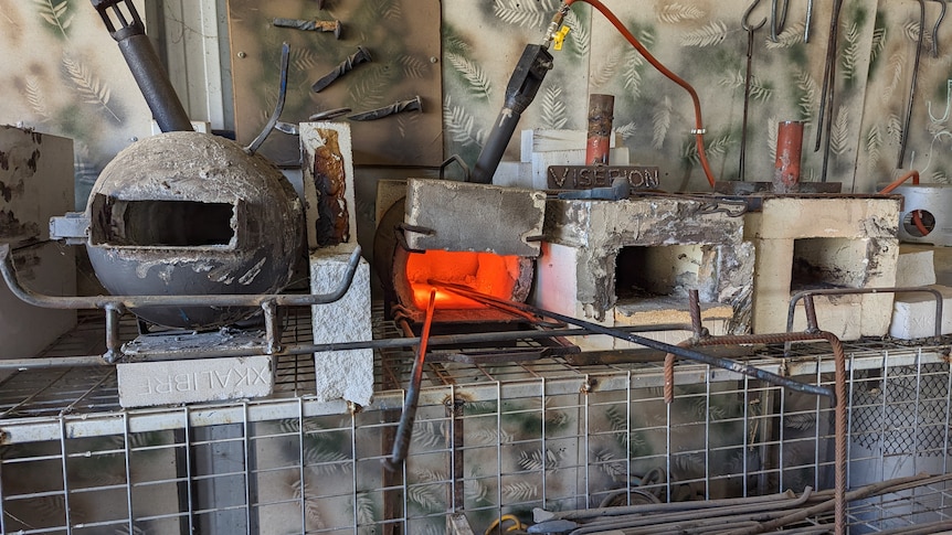 Gas-powered blacksmithing forges arrayed at Peppercorn Forge in Kyabram. 