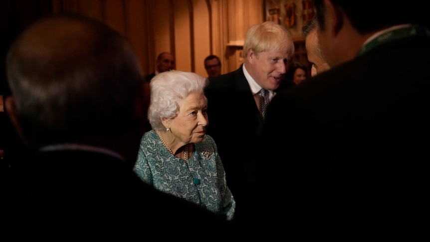 The Queen of England and UK PM Boris Johnson at the Global Investment Summit in October, 2021.