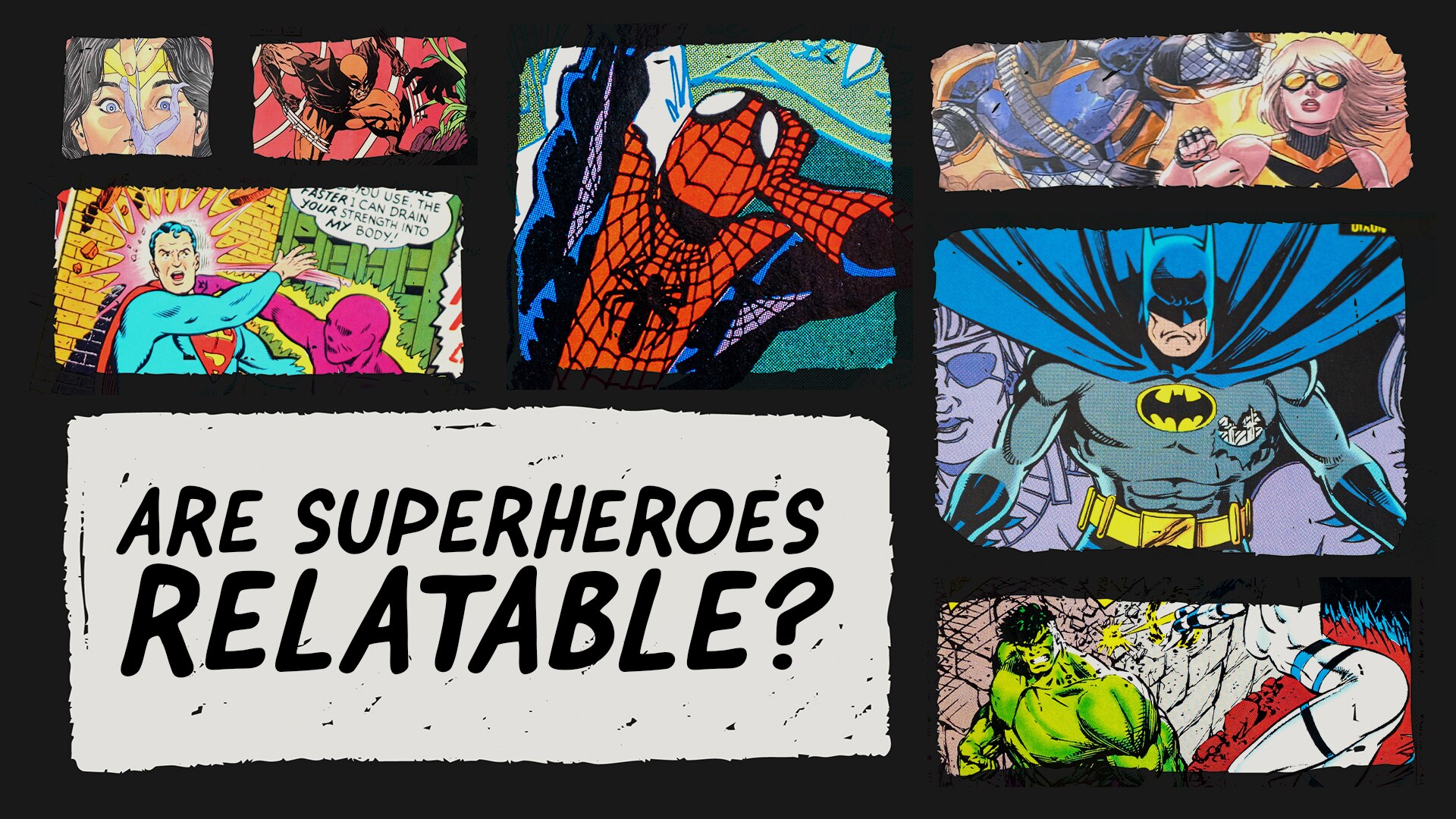 Comic book frames with various superheroes in action like Spiderman, the Hulk, Batman, Superman & Wolverine.