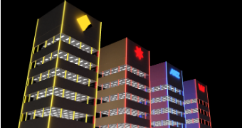 The big four bank logos in a computer animated 3D cityscape