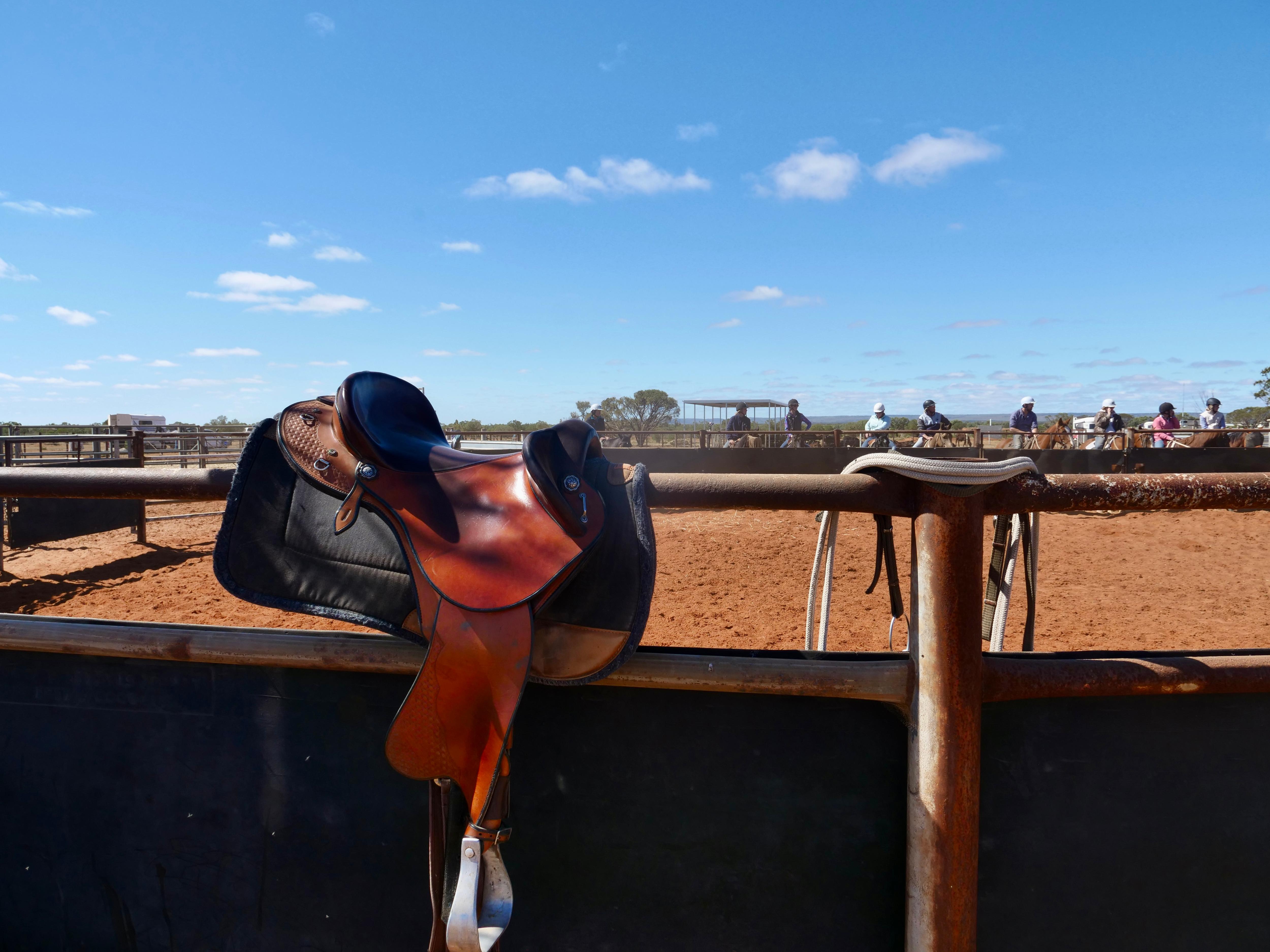 a brown saddle and saddle cloth sitting on a steel fence 