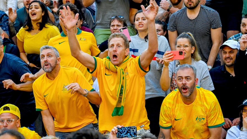 Three men in socceroos jerseys open their mouths