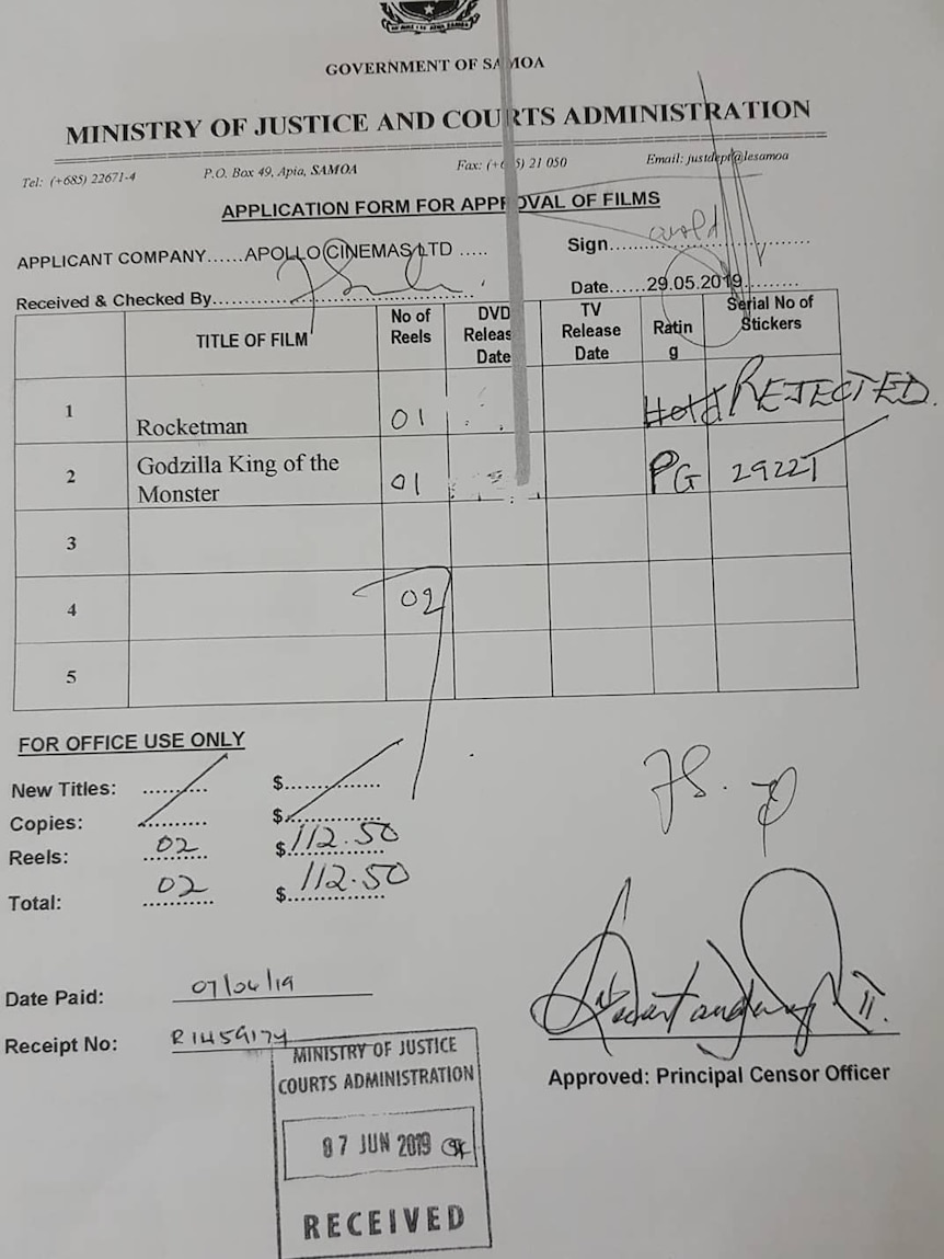 An officially stamped document from Samoa's Ministry of Justice and Courts Administration showing Rocketman was rejected