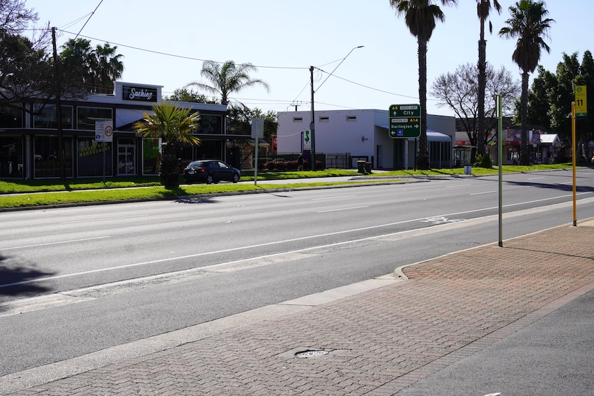 A divided road with palm trees in the median strip, along with directional signs.  Only one car is visible and its parked