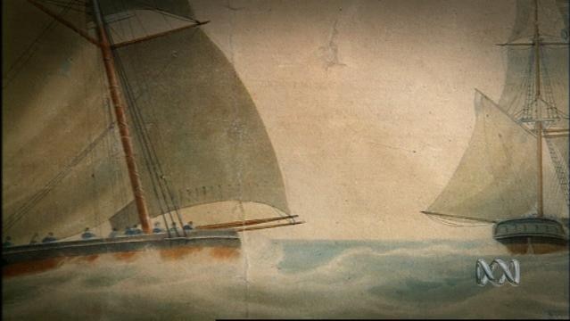 Painting shows two tall ships meeting at sea