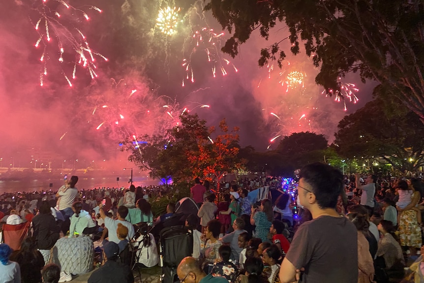 A massive crowd watches as pink fireworks explode overhead. 