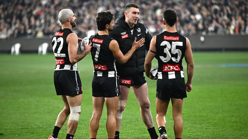 Three Collingwood players gather around an injured teammate who is wearing his team jacket after a finals win.