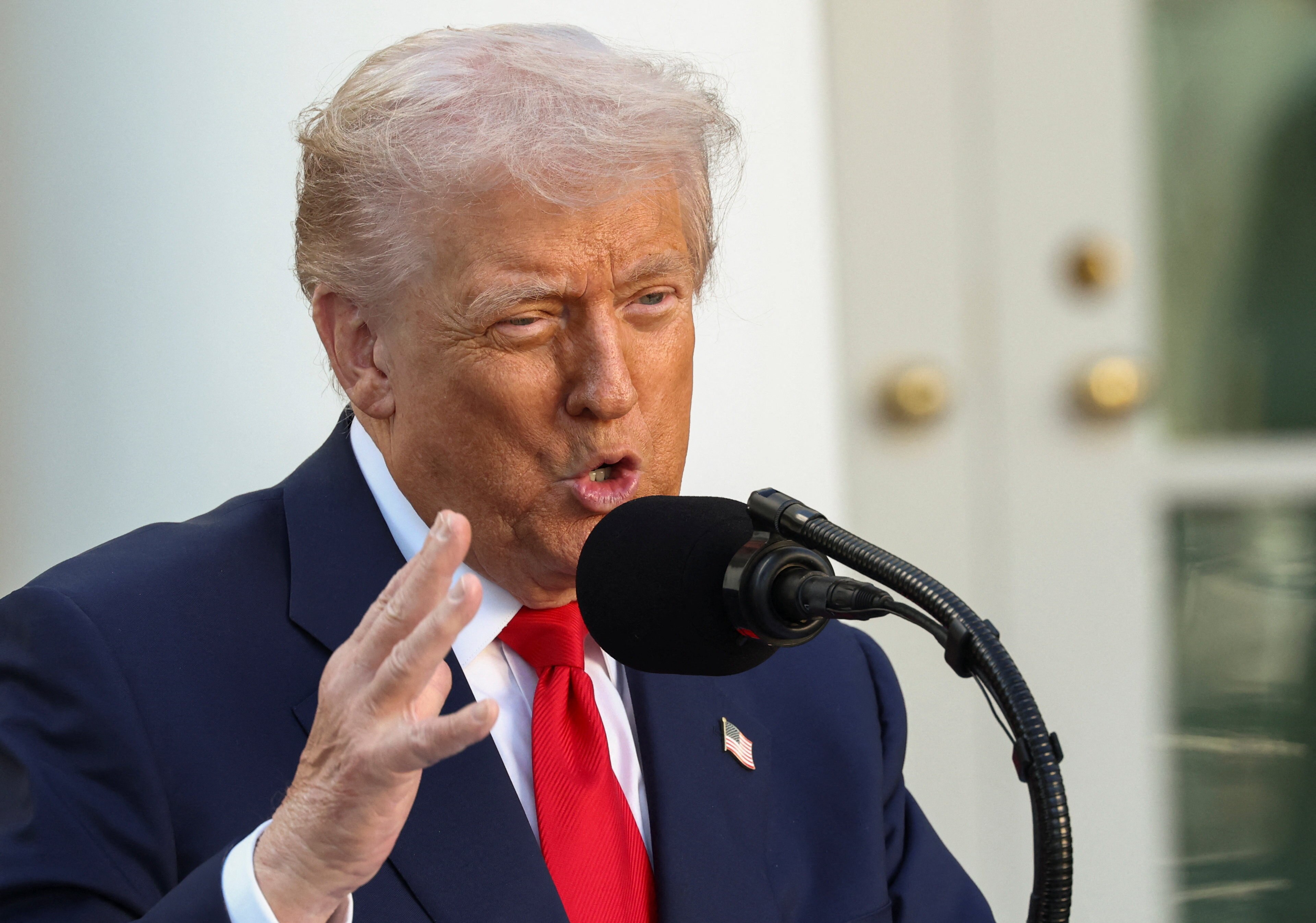 Donald Trump in a blue suit and red tie speaks into a microphone
