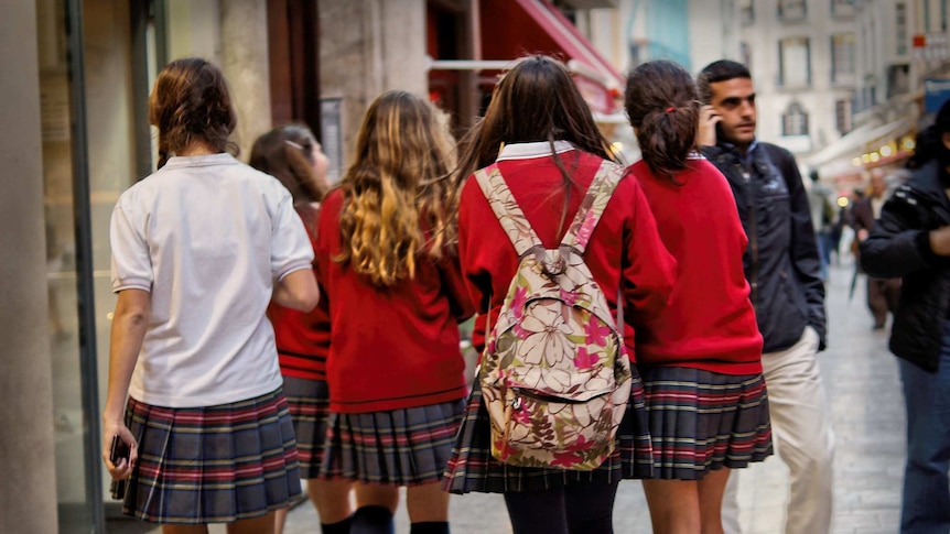 Female students in school uniforms walking along a street.