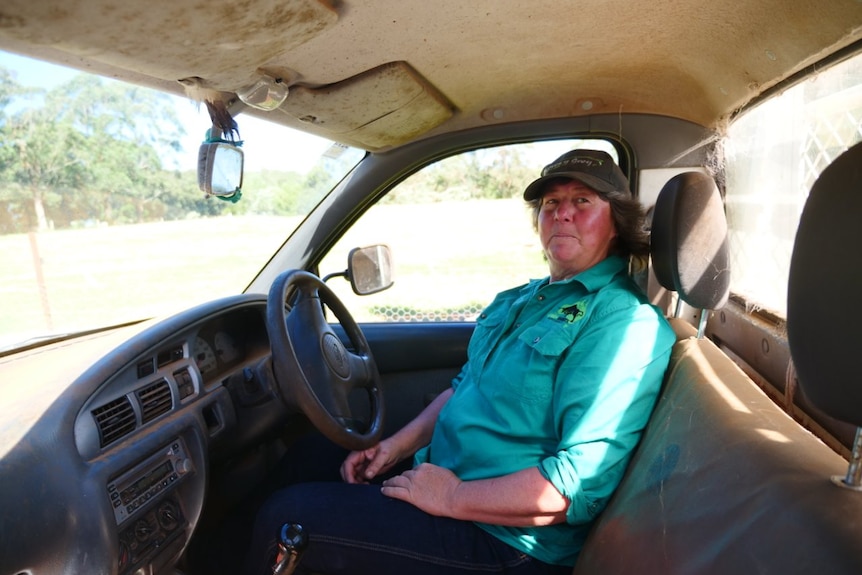 A woman sits inside the cab of a ute, leaning away from the camera.