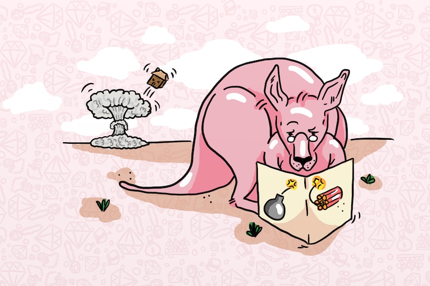 An illustration of a pink kangaroo reading a booklet on explosives.