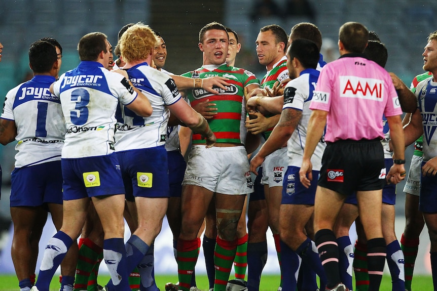 Tight clash ... tempers flared between the Bulldogs and Rabbitohs.