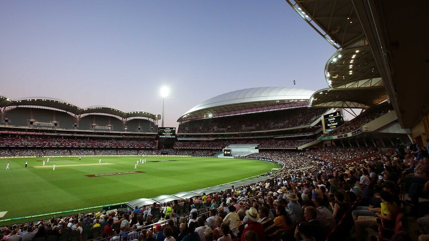 View of the Adelaide Oval as play continues under lights on day three of the Third Test.