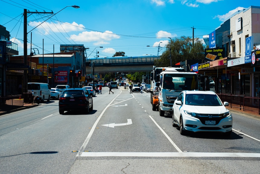 A view of traffic at a busy intersection.