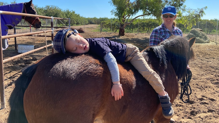 A young boy asleep on the back of a horse with a trainer holding the reigns and smiling