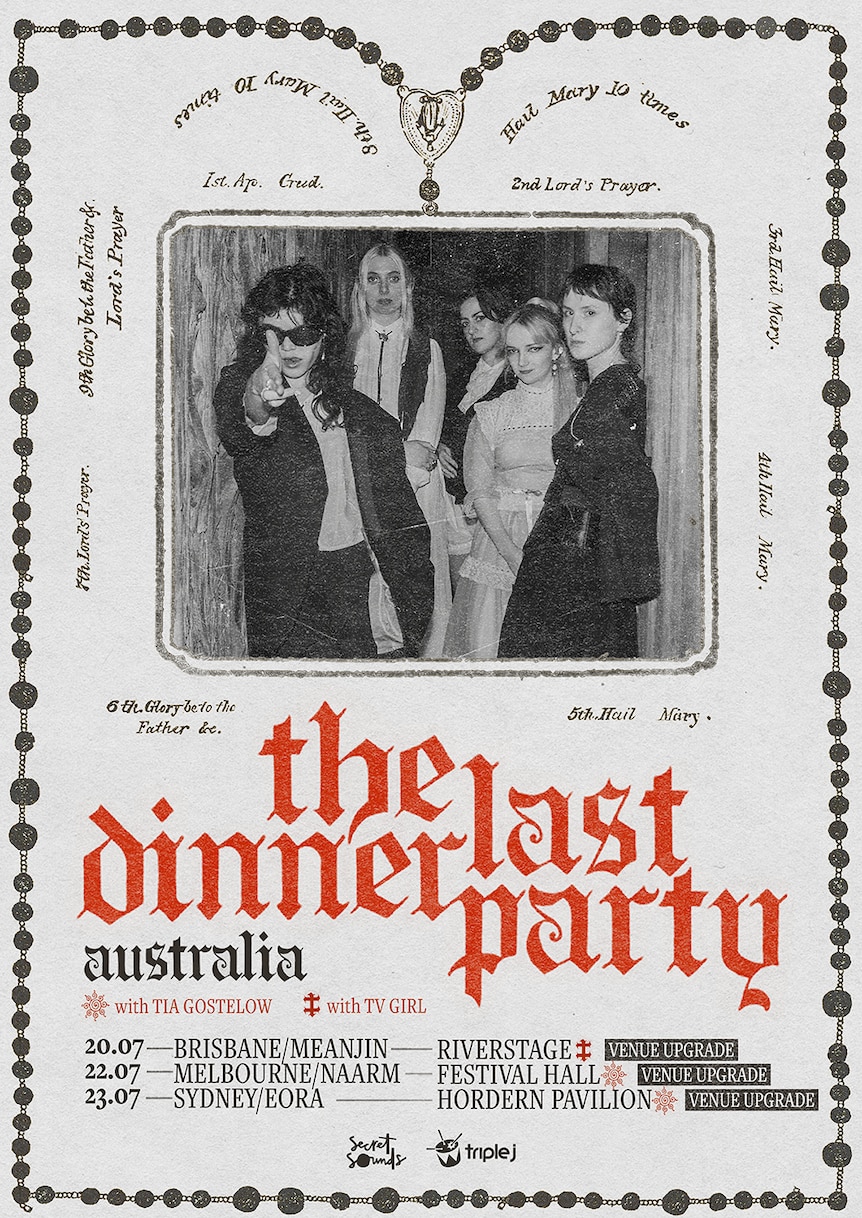 Black and white poster for The Last Dinner Party's 2024 australian tour with monochrome photo of the band and red text