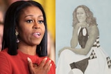 A composite image of former first lady Michelle Obama and her official portrait by Amy Sherald